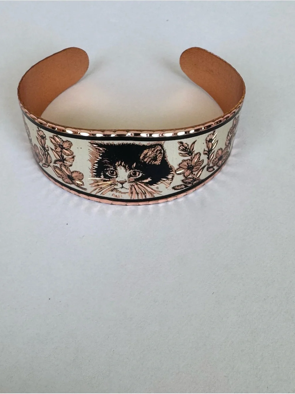 Copper Reflections Etched Kitty Cat Flower Cuff Bracelet